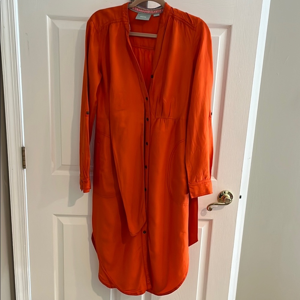 Maeve Orange High-Low Long Sleeve Dress with Mandarin Collar